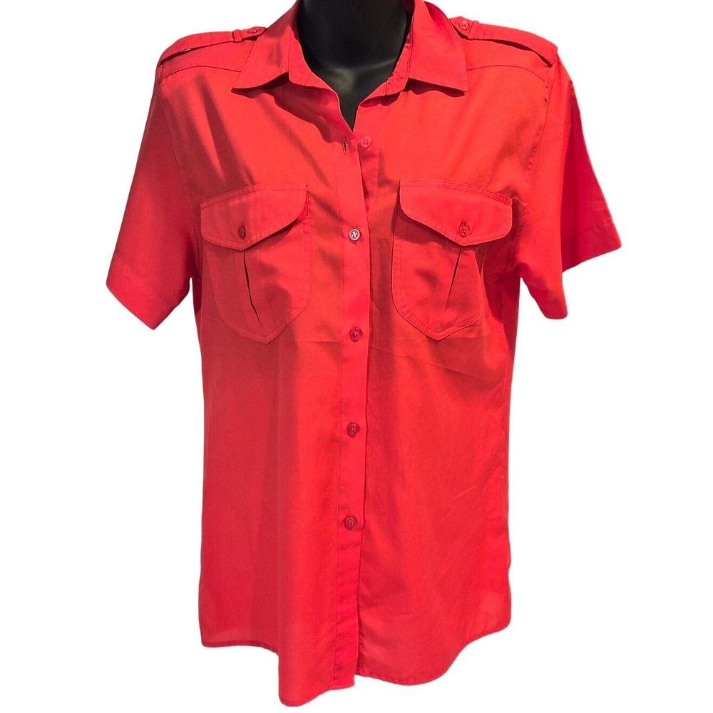Vintage Diane von Furstenberg Red Short Sleeve Military Epaulette Shirt Size 6